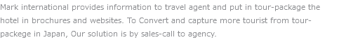 Mark international provides information to travel agent and put in tour-package the hotel in brochures and websites. To Convert and capture more tourist from tour-packege in Japan, Our solution is by sales-call to agency.